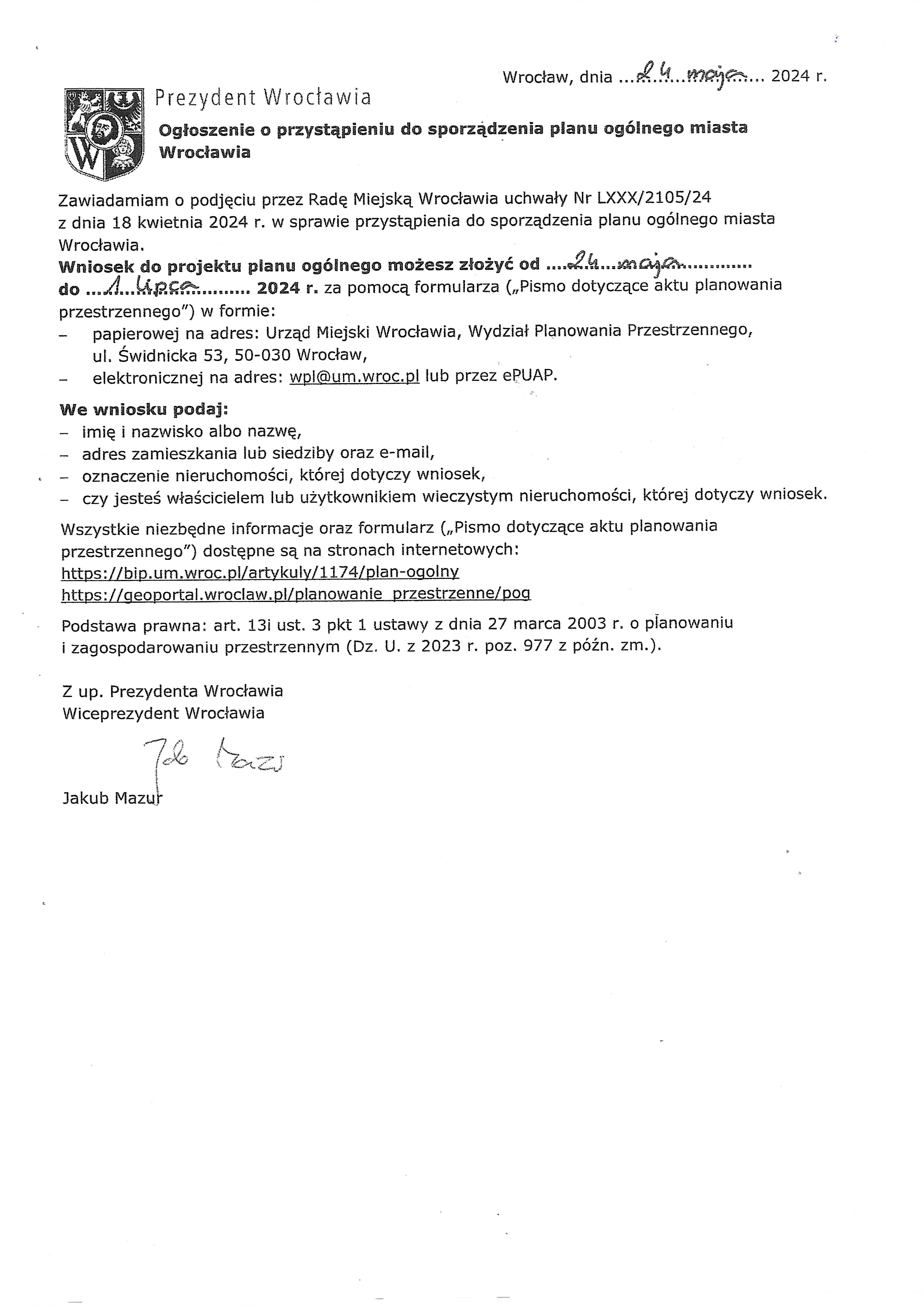 Ogłoszenie plan ogólny m W wia