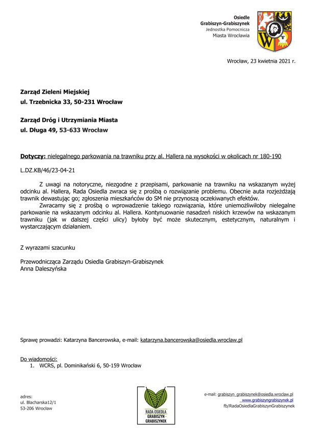 pismo hallera parkowanie