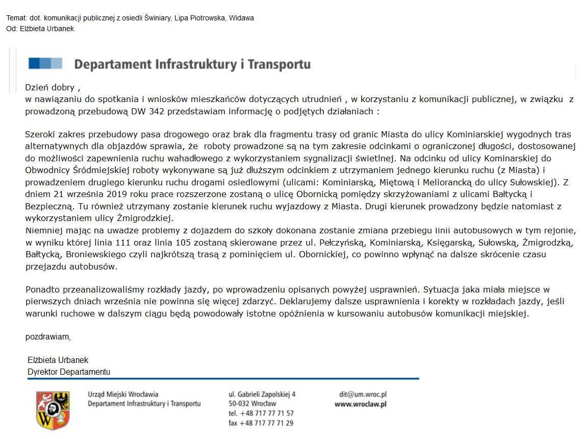 20.09.2019 Utrudnienia dot. przebudowy DW342 odpowiedź DIT