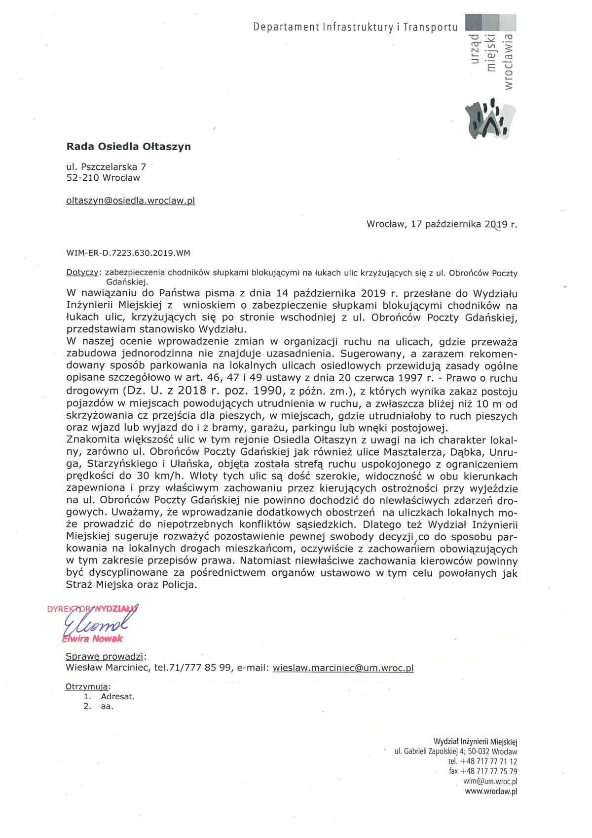 WIM ER D.7223.630.2019.WM Odp. RO Ołtaszyn ws organizacji ruchu na ul