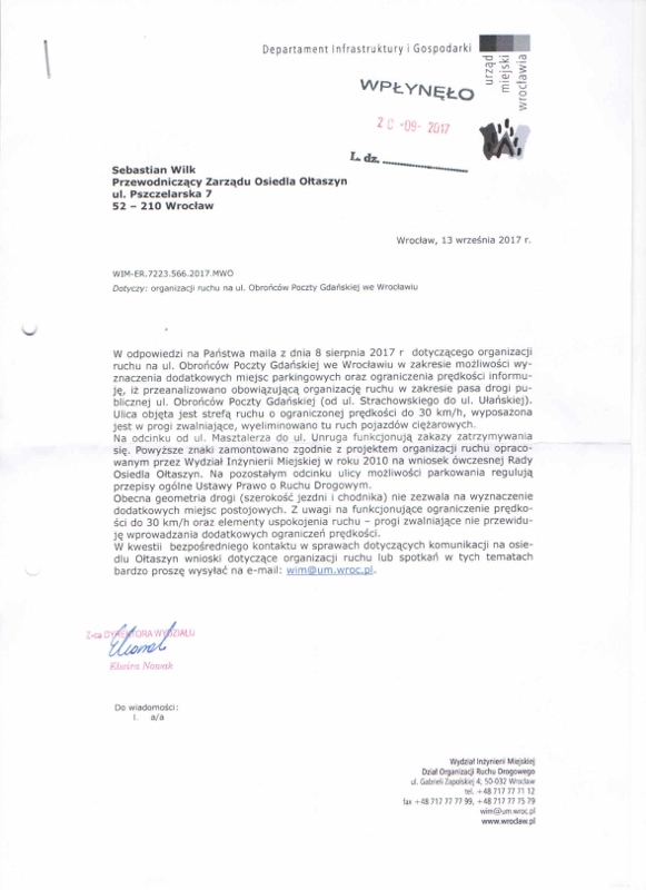 Odpowiedź ws. parkowania ul. Obr.Poczty Gd. 1 581x800