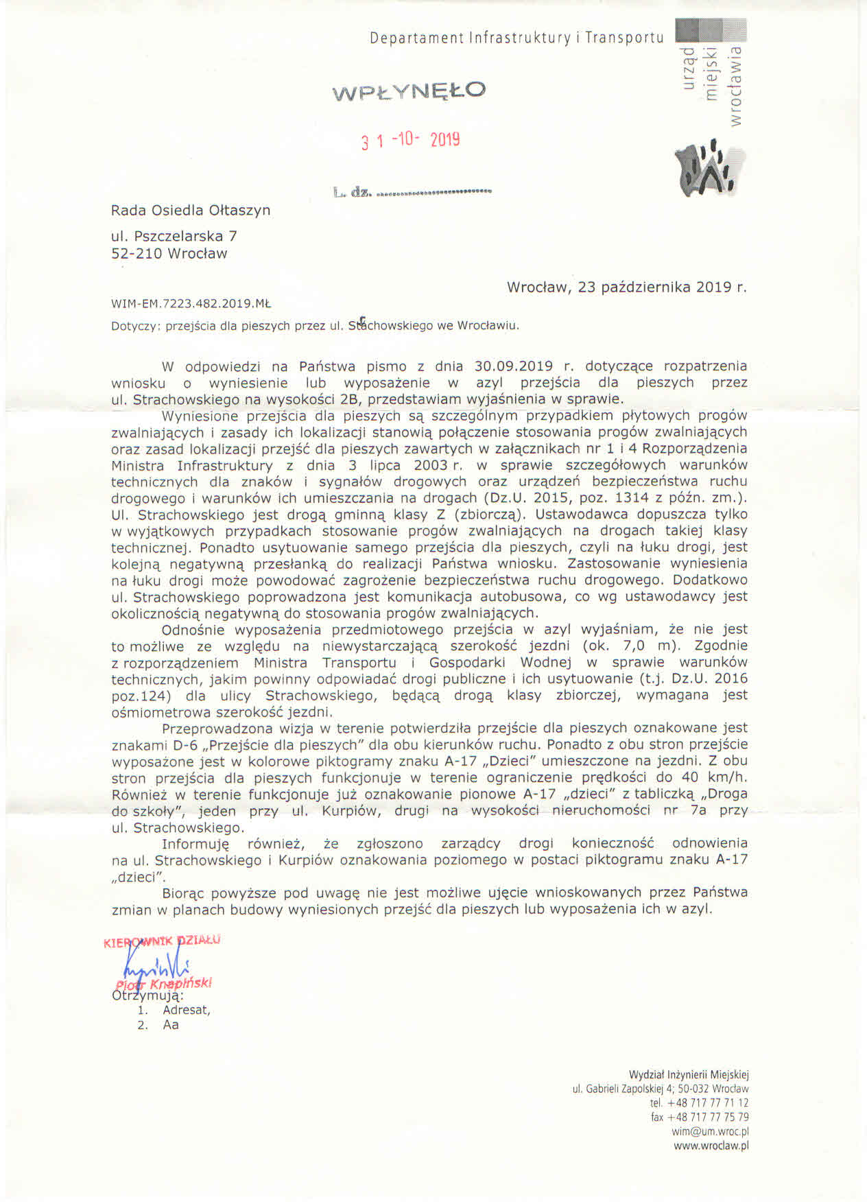 Przejściea Kuriów i Strachowskiego odpowiedź