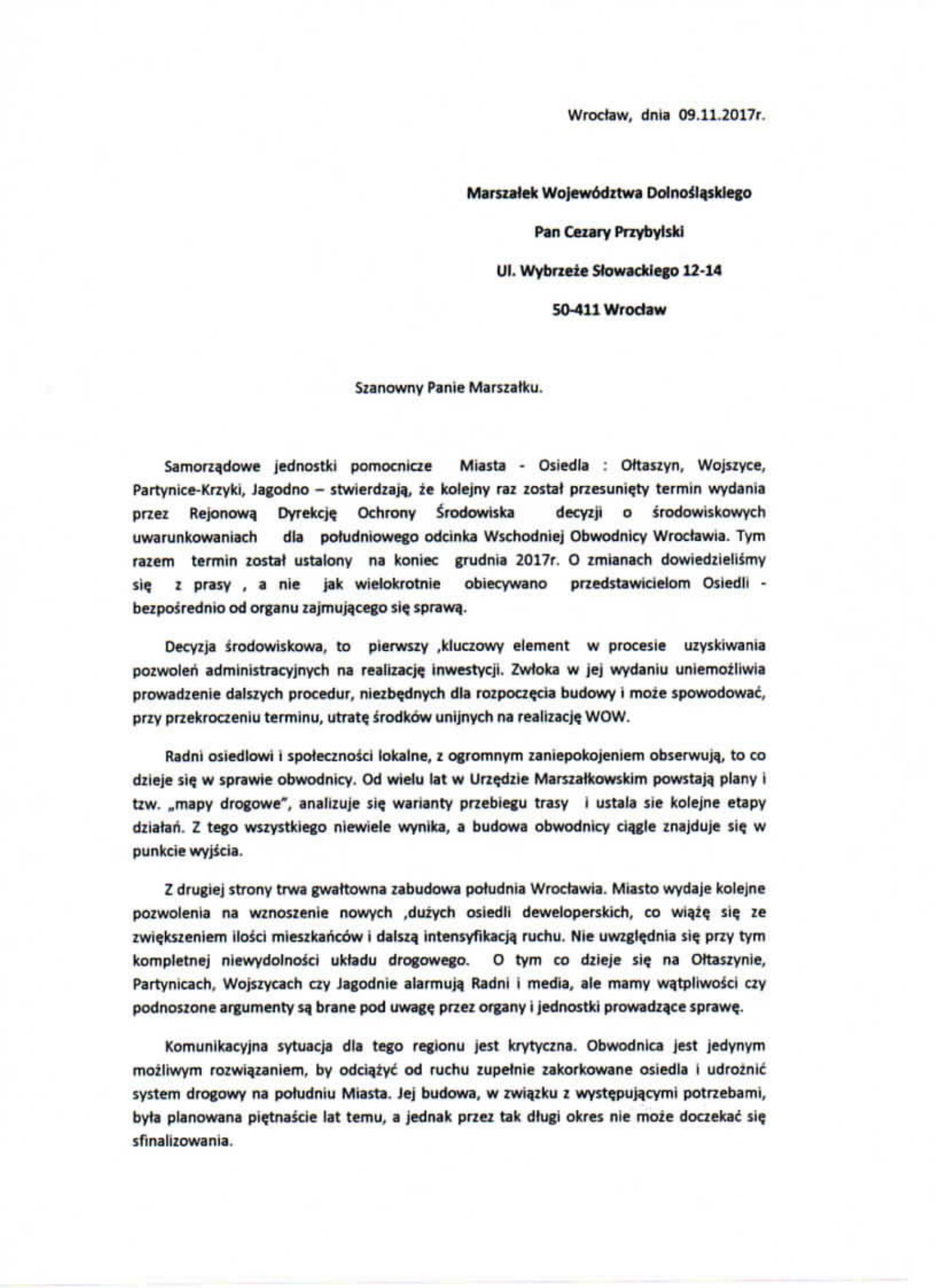 Wschodnia Obwodnica Wrocławia Pismo do Pana Marszałka 1