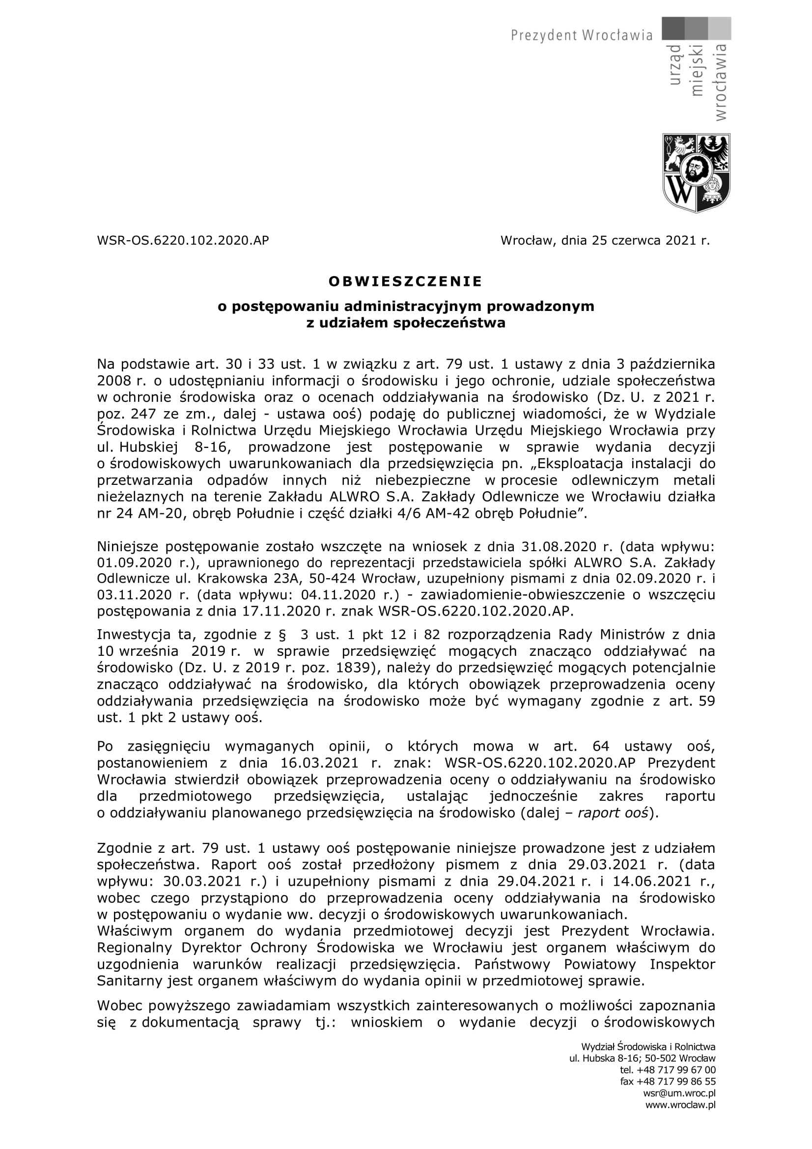 EDIT WSR OS.6220.102.2020.AP z.dn.25.06.2021 r. obwieszcz udz społ ALWRO Krakowska 1