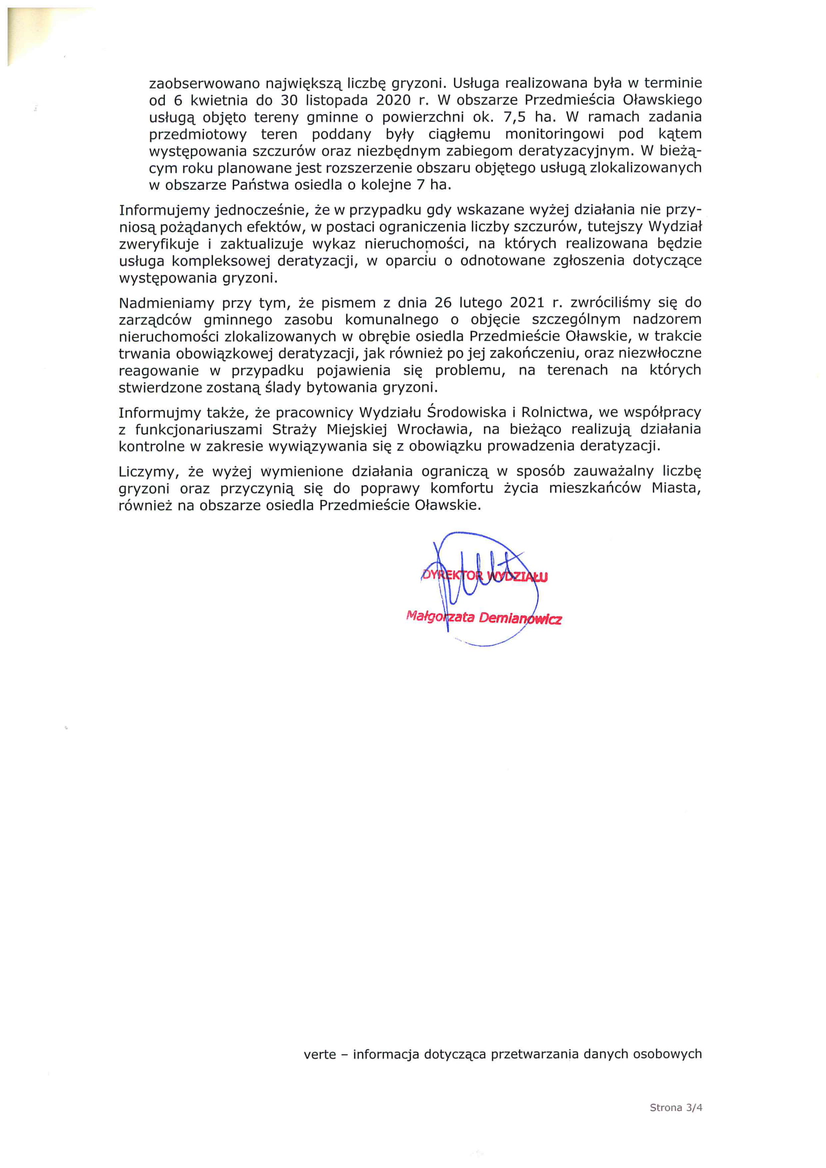 Pismo Wydziału Środowiska i Rolnictwa Urzędu Miejskiego Wrocławia z dnia 26.02.2021 r. nr WSR GO.605.86.2021.JC 3