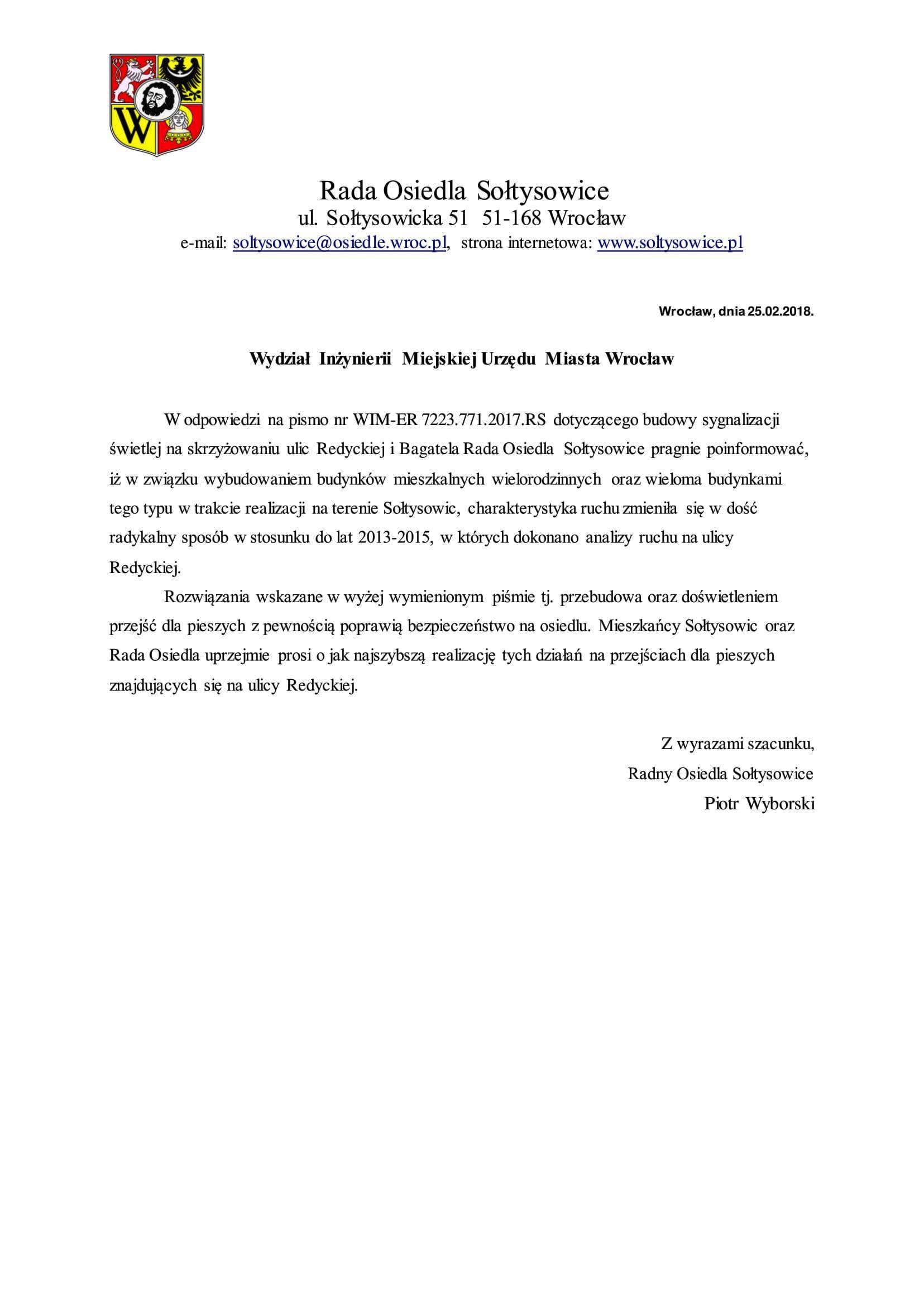 Prośba o poprawę bezpieczeństwa ul Redycka Odpowiedź. 1
