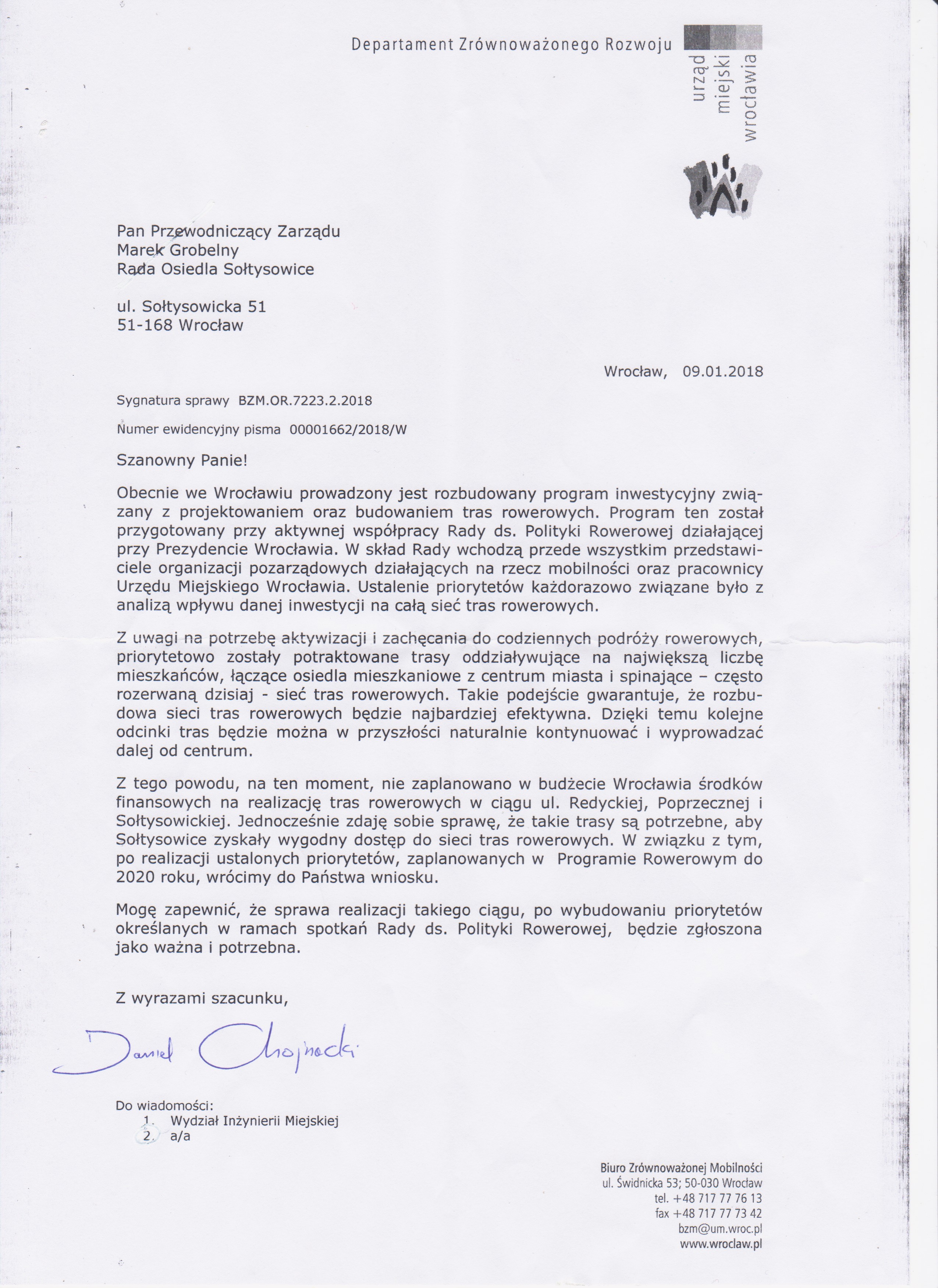 odpowiedź w sprawie ścieżek rowerowych