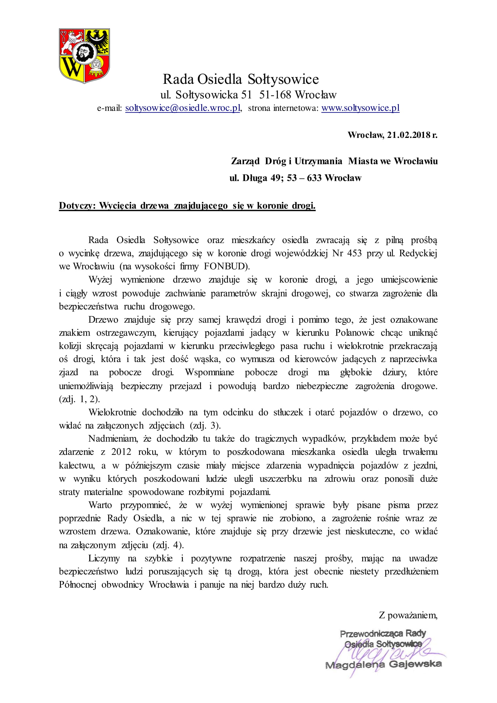 pismo dotyczące usunięcia drzewa Redycka 1