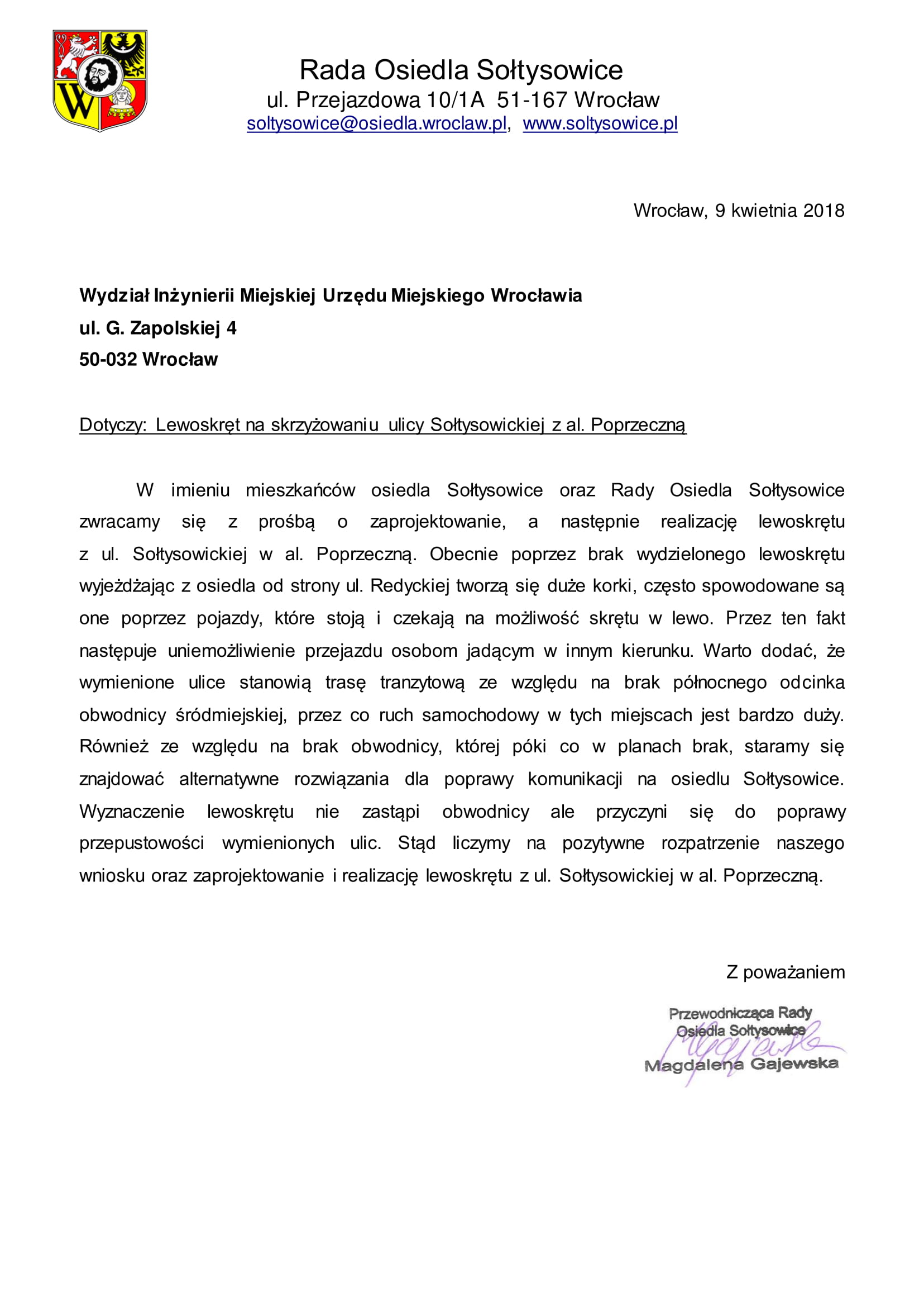 pismo lewoskręt skrzyżowanie sołtysowicka poprzeczna 1