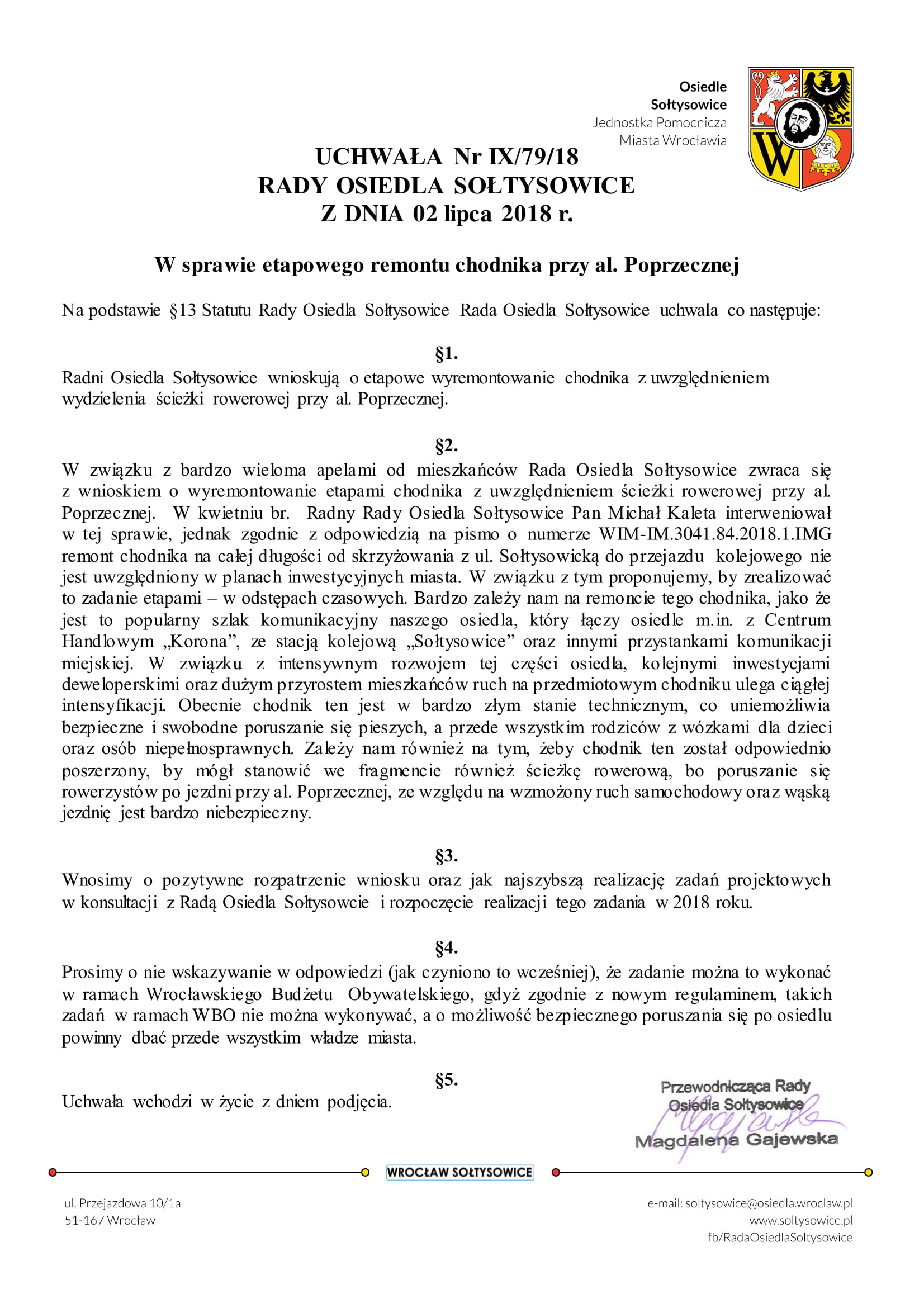 uchwała RO XX 79 18 remont chodnika Poprzeczna 1