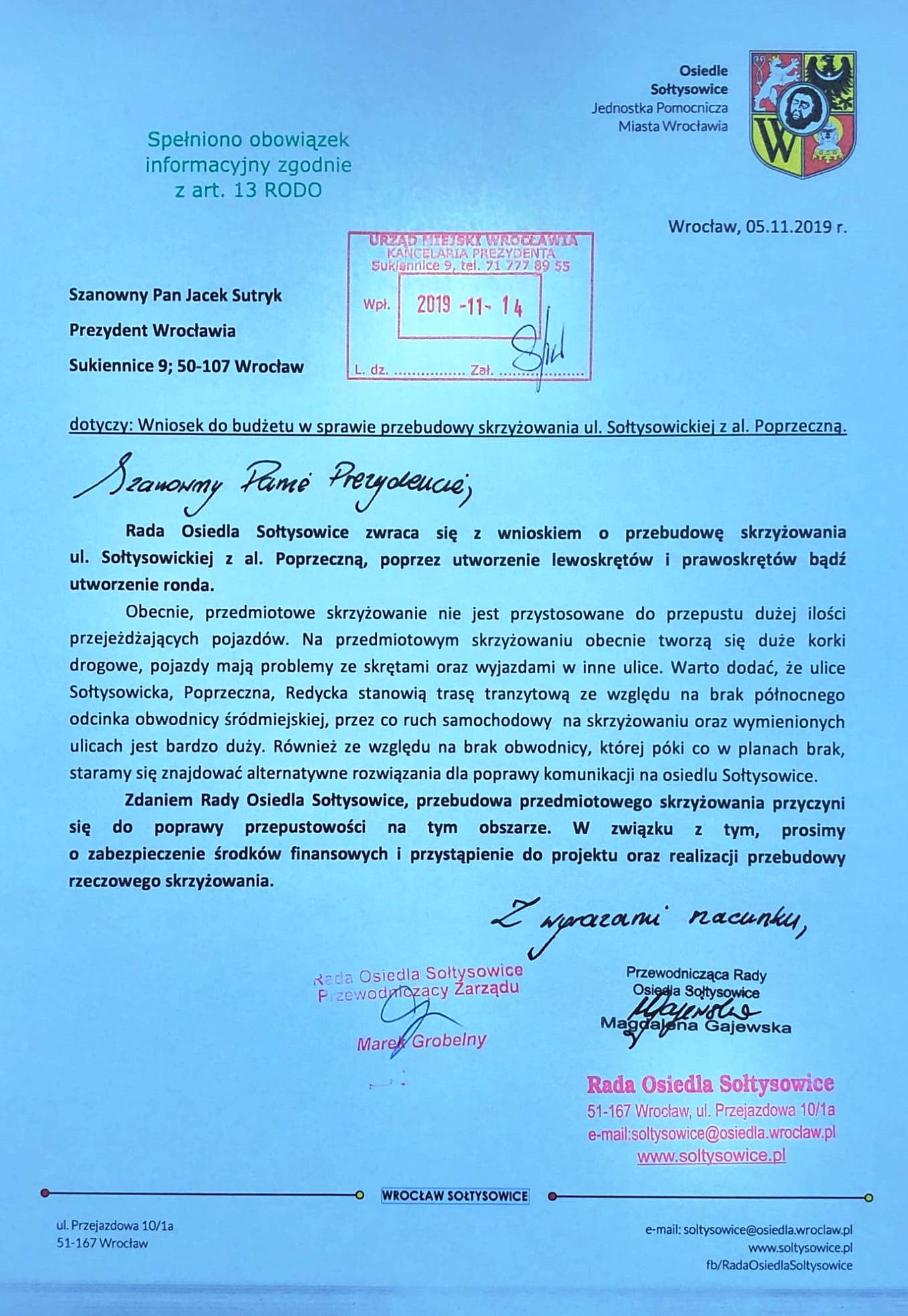 wniosek przebudowa skrzyżowania soltysowicka poprzeczna 1