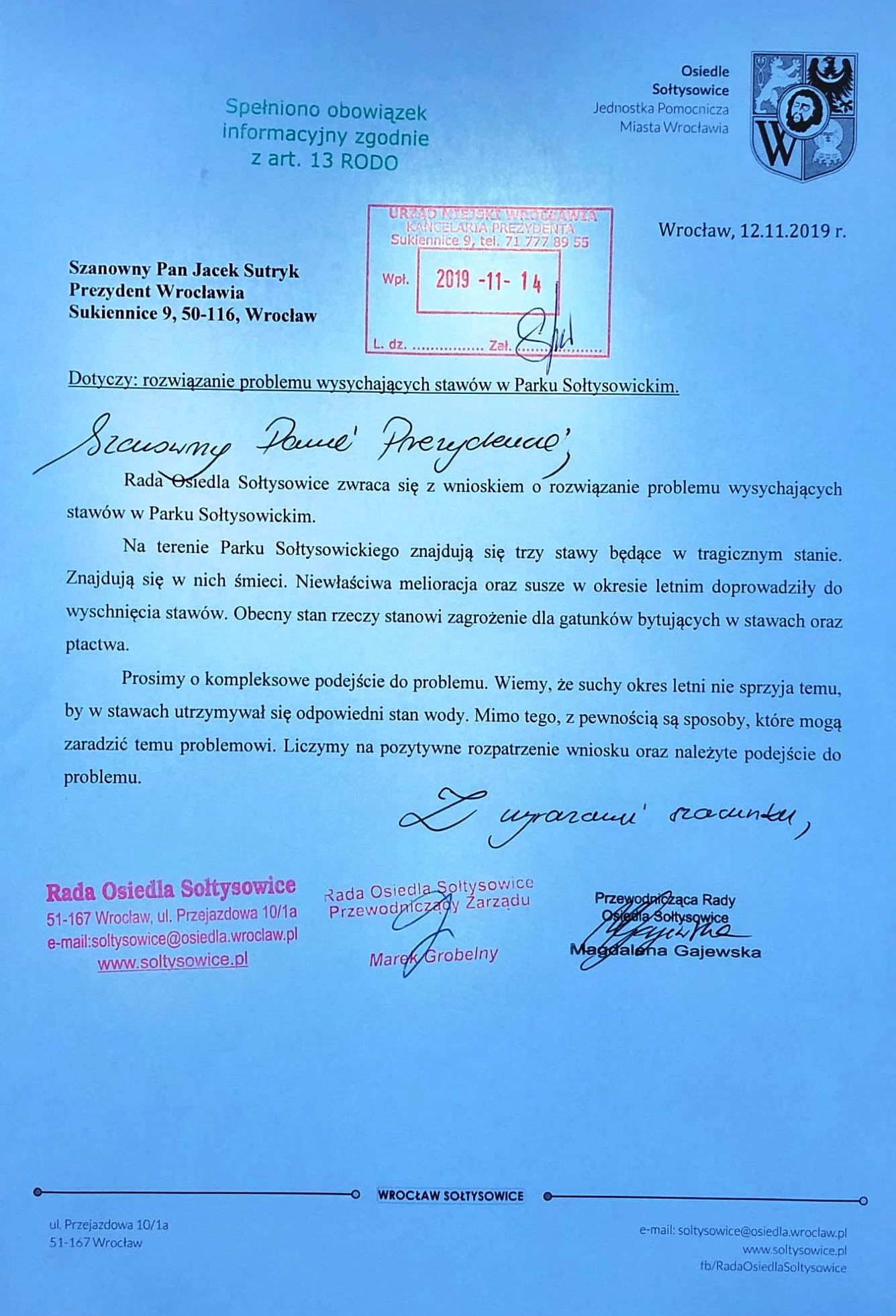 wniosek wysychające stawy park sołtysowicki 1