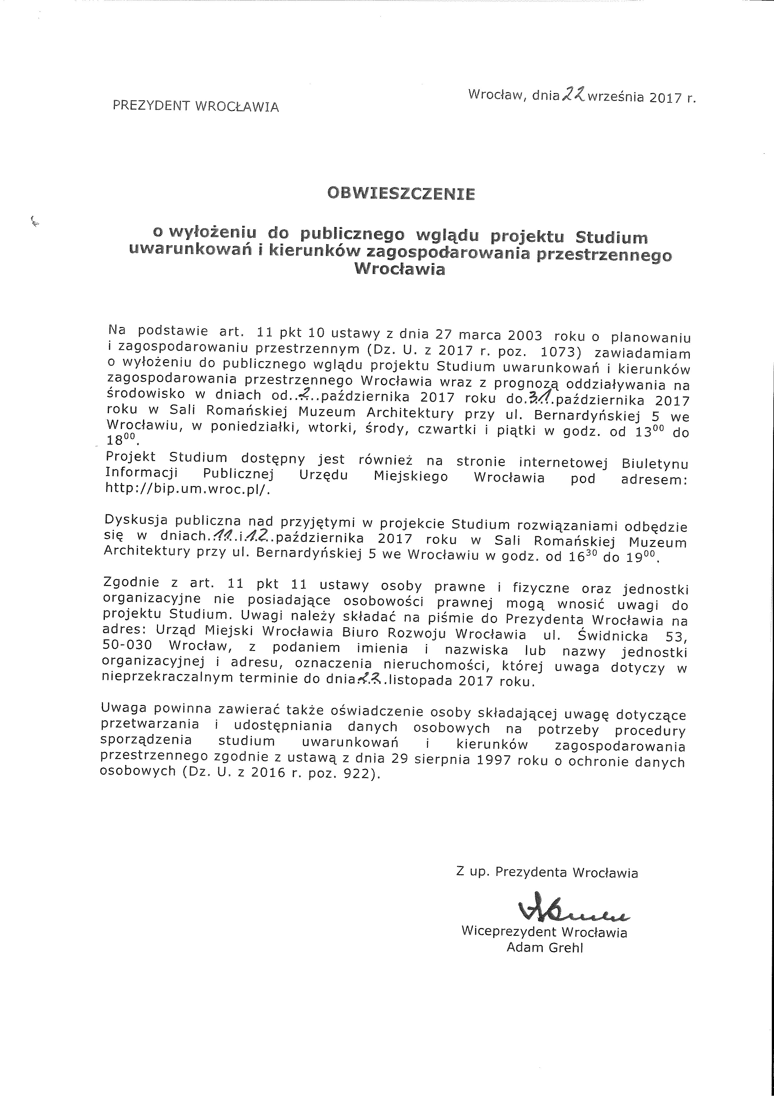 Obwieszczenie w sprawie projektu studium2