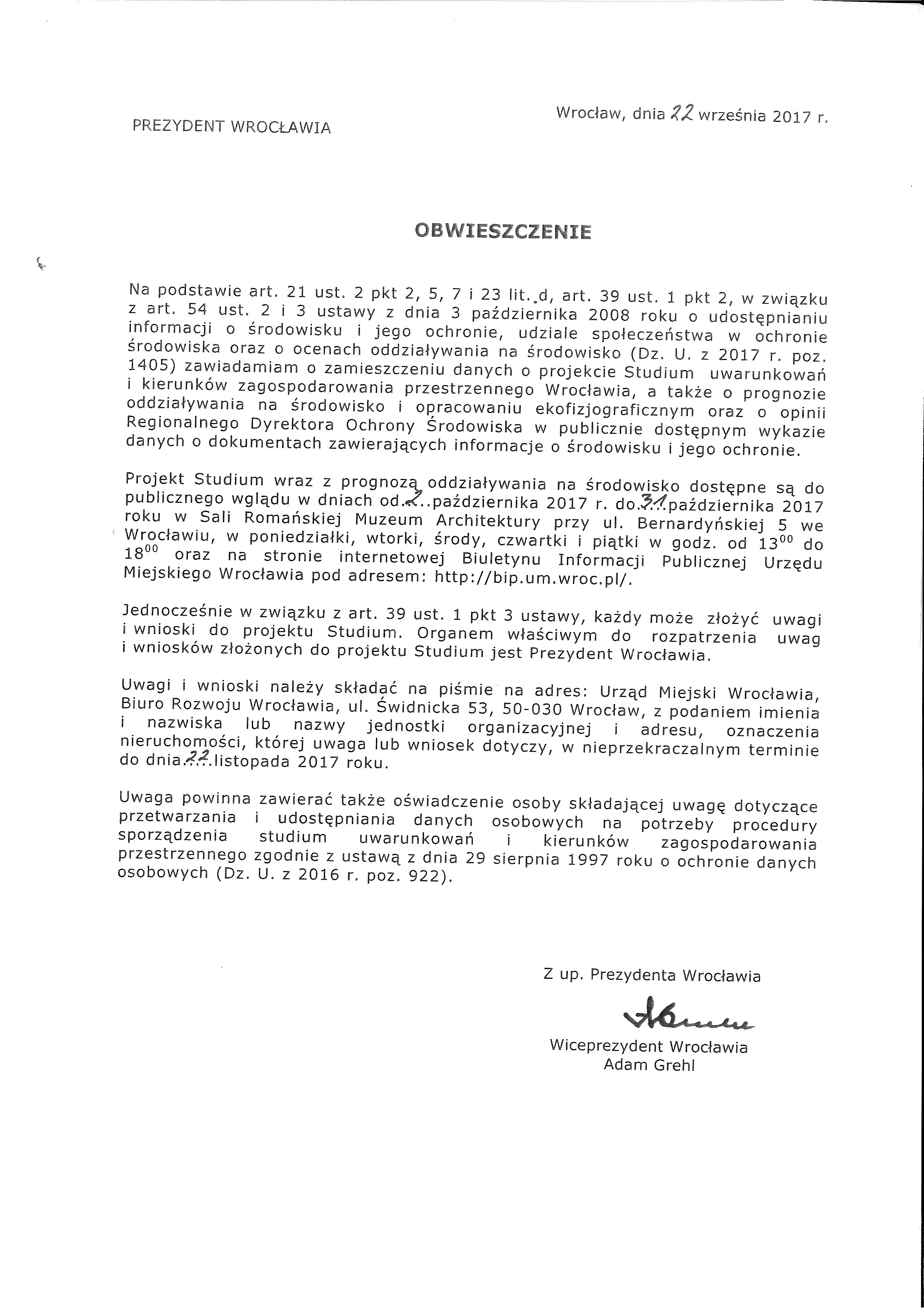 Obwieszenie w sprawie Projektu Studium 1