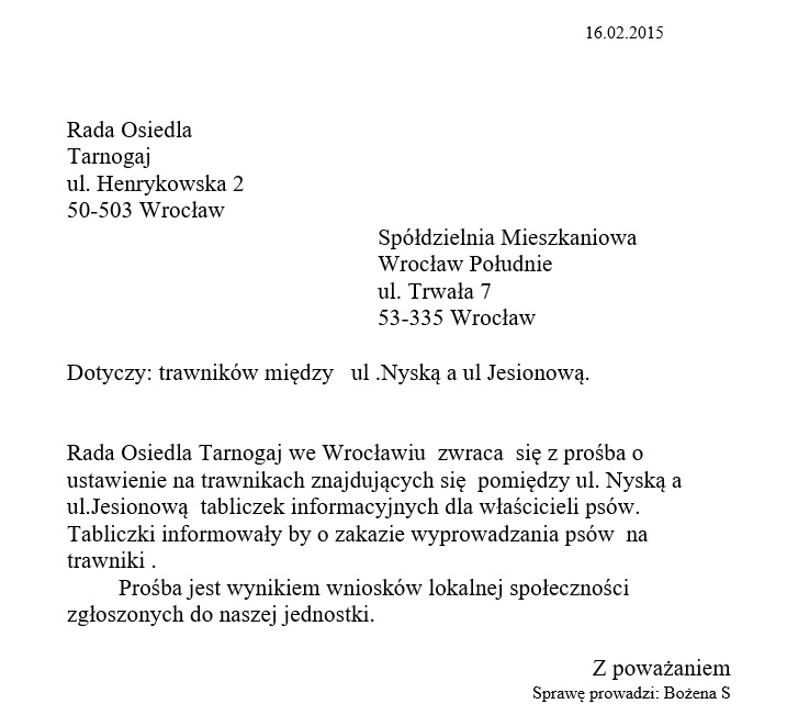 2 Rada osiedla tabliczki o niewyprowadzanie psów 16.02.2015