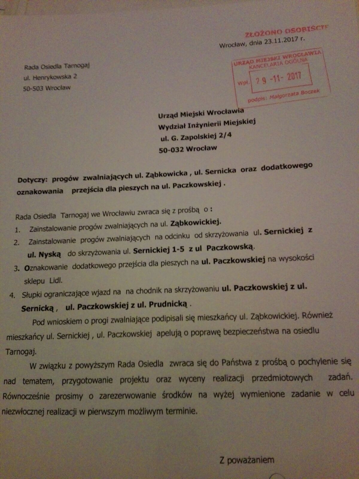 Progi zwalniające ul.Ząbkowicka Sernick. Progi ul.Paczkowska 23 listopad