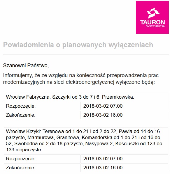 tauron wylaczenie