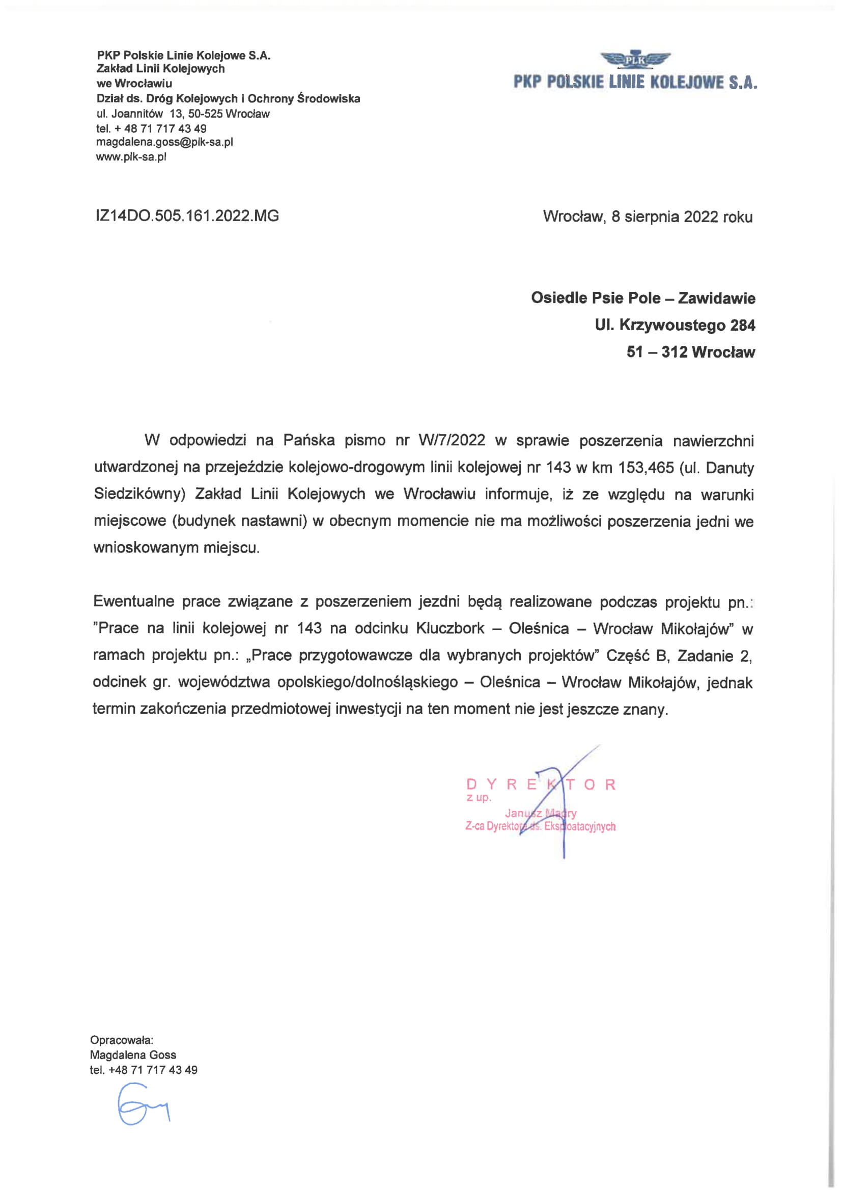 L143 km 153465 wąska jezdnia na przejeździe 1